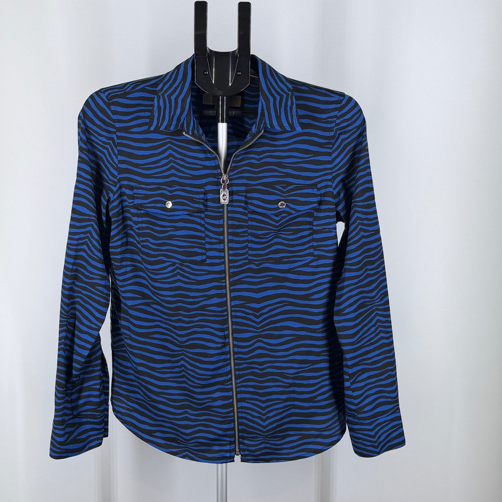Michael Kors Womens Blue Zebra Print Zip Front‎ Utility Shirt Roll Tab Sleeve M